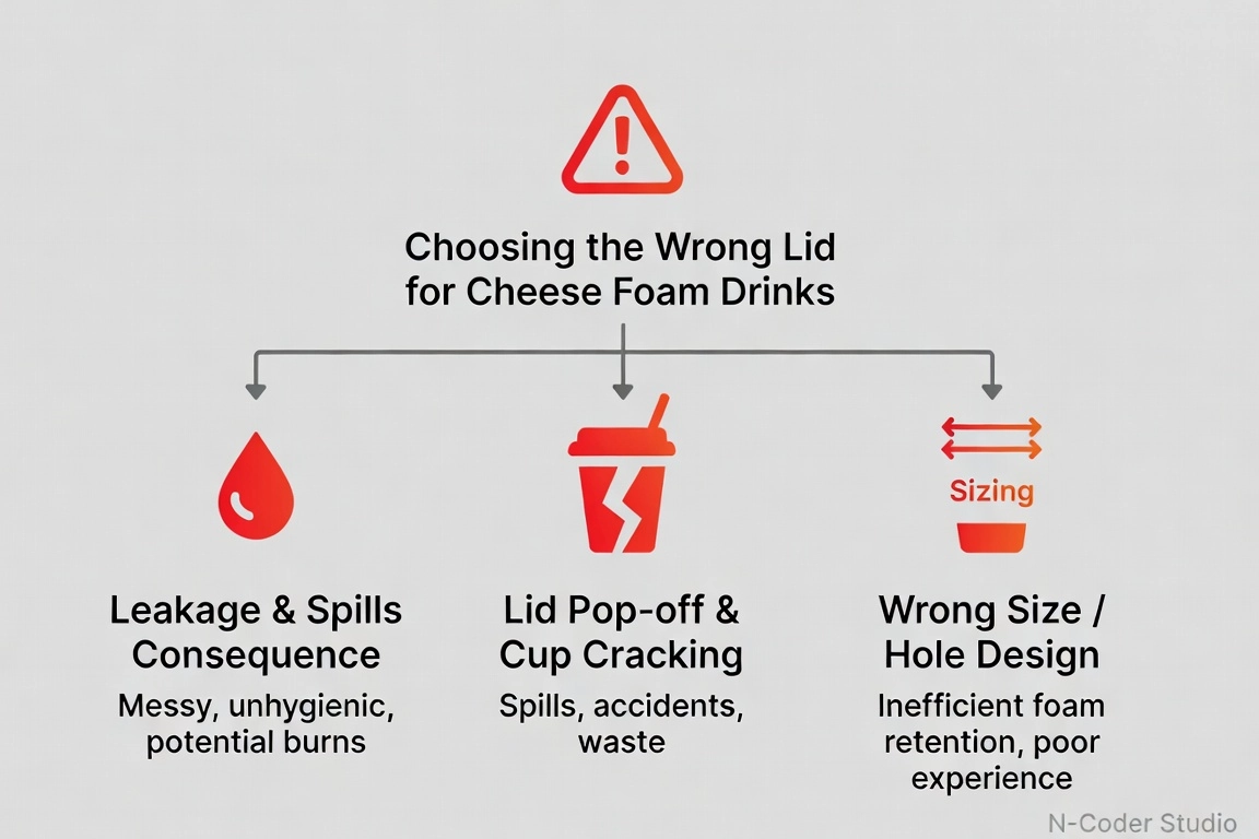 Risk flowchart branching into three major risks when choosing the wrong lid for cheese foam drinks. Modern infographic, English labels: 'Leakage & Spills', 'Lid Pop-off & Cup Cracking', 'Wrong Size / Hole Design', each with consequence icons. Branding note: 'N-Coder Studio' as a VERY SMALL, low-opacity watermark in a single corner only — never centered or dominating the frame. Red and orange warning tones on neutral background, cautionary mood.