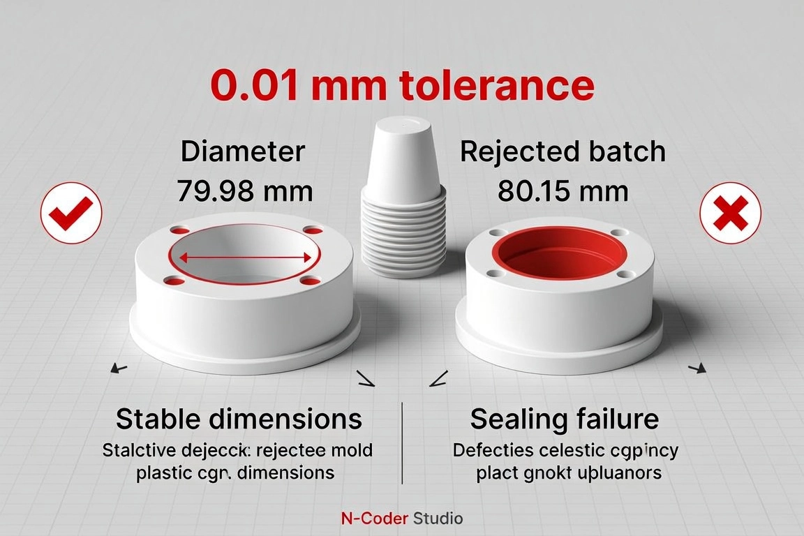 Infographic visual comparing a precisely machined mold (diameter 79.98 mm) versus a defective mold (diameter 80.15 mm) beside stack of rejected plastic cups, comparison chart layout, English labels "0.01 mm tolerance", "Stable dimensions", "Rejected batch", "Sealing failure", clean technical 3D render style, white and red accents on light gray background, dramatic warning mood, footer text "N-Coder Studio"
