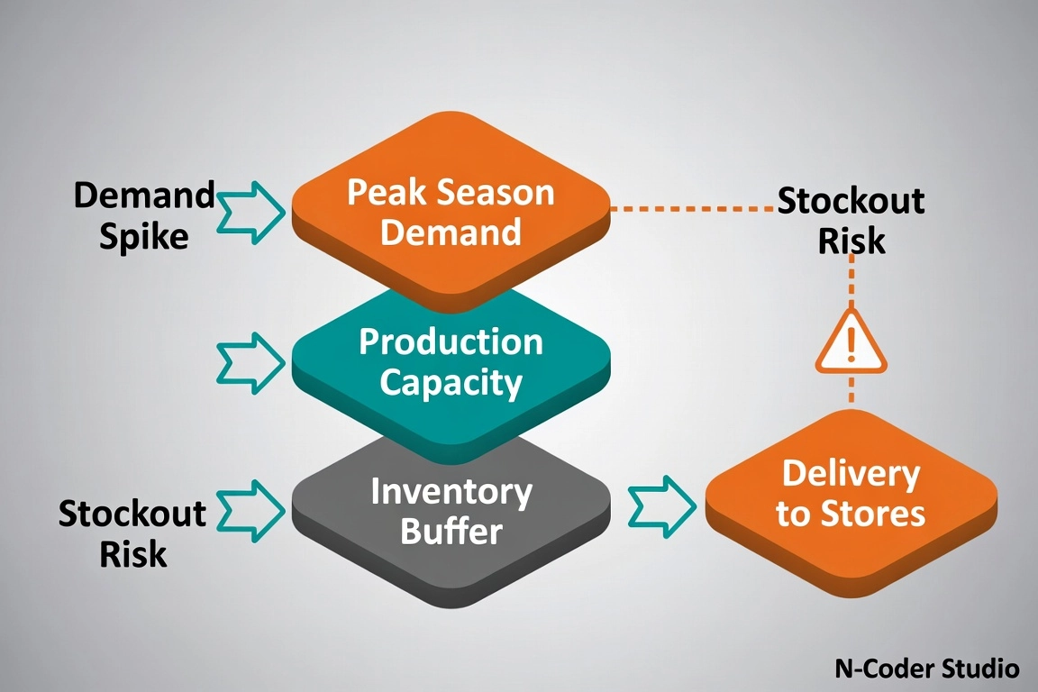 Supply chain flow diagram for lid packaging during peak season, from demand spike to store delivery. Isometric infographic, English labels: 'Peak Season Demand', 'Production Capacity', 'Inventory Buffer', 'Delivery to Stores', 'Stockout Risk'. Branding note: 'N-Coder Studio' as a VERY SMALL, low-opacity watermark in a single corner only — never in the middle of the diagram. Orange, teal and gray palette, strategic operational mood.