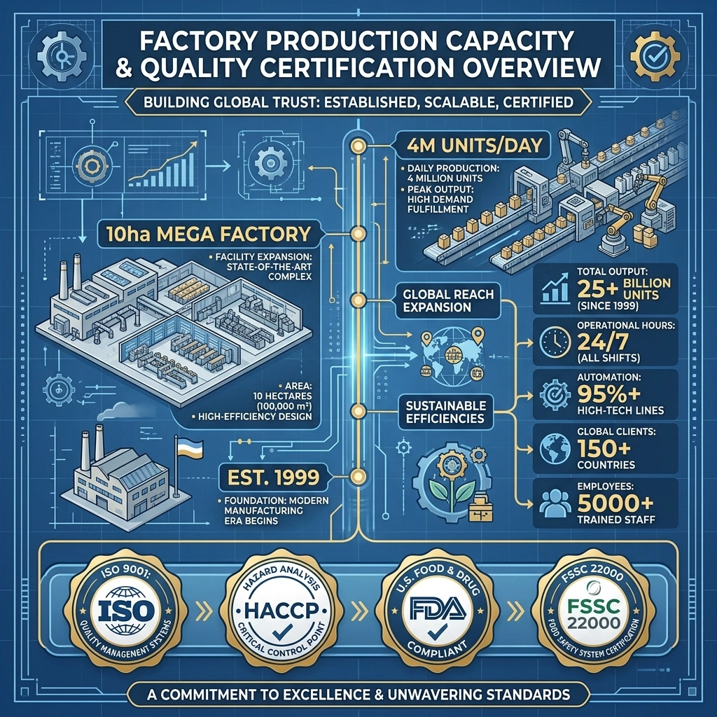 Factory production capacity and quality certification overview, vertical timeline-plus-stats infographic with milestones labeled 'Est. 1999', '10ha Mega Factory', '4M Units/Day' and certification badges: 'ISO 9001', 'HACCP', 'FDA', 'FSSC 22000' arranged in a row at the bottom, industrial blueprint style, steel blue and gold palette, authoritative and trustworthy mood.