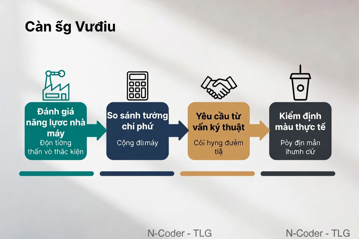4-step horizontal flowchart for choosing a reliable paper cup supplier; ALL text inside the image must be in Vietnamese. Steps: "Đánh giá năng lực nhà máy", "So sánh tổng chi phí", "Yêu cầu tư vấn kỹ thuật", and "Kiểm định mẫu thực tế" with icons for factory, calculator, handshake, and cup. Corporate flat design infographic with numbered arrows and subtle progress bar. Palette: teal, navy, cool gray, amber; mood is professional, systematic, and trustworthy. Include a small watermark "N-Coder - TLG" in the bottom right corner.