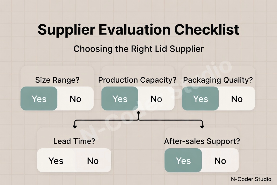 Supplier evaluation checklist for choosing the right lid supplier, shown as a scored checklist or decision tree. Checklist infographic, English labels: 'Size Range?', 'Production Capacity?', 'Packaging Quality?', 'Lead Time?', 'After-sales Support?'. Branding note: 'N-Coder Studio' as a VERY SMALL, subtle watermark in the corner only — never centered or distracting. Clean neutral palette with one accent color, practical decision-making mood.