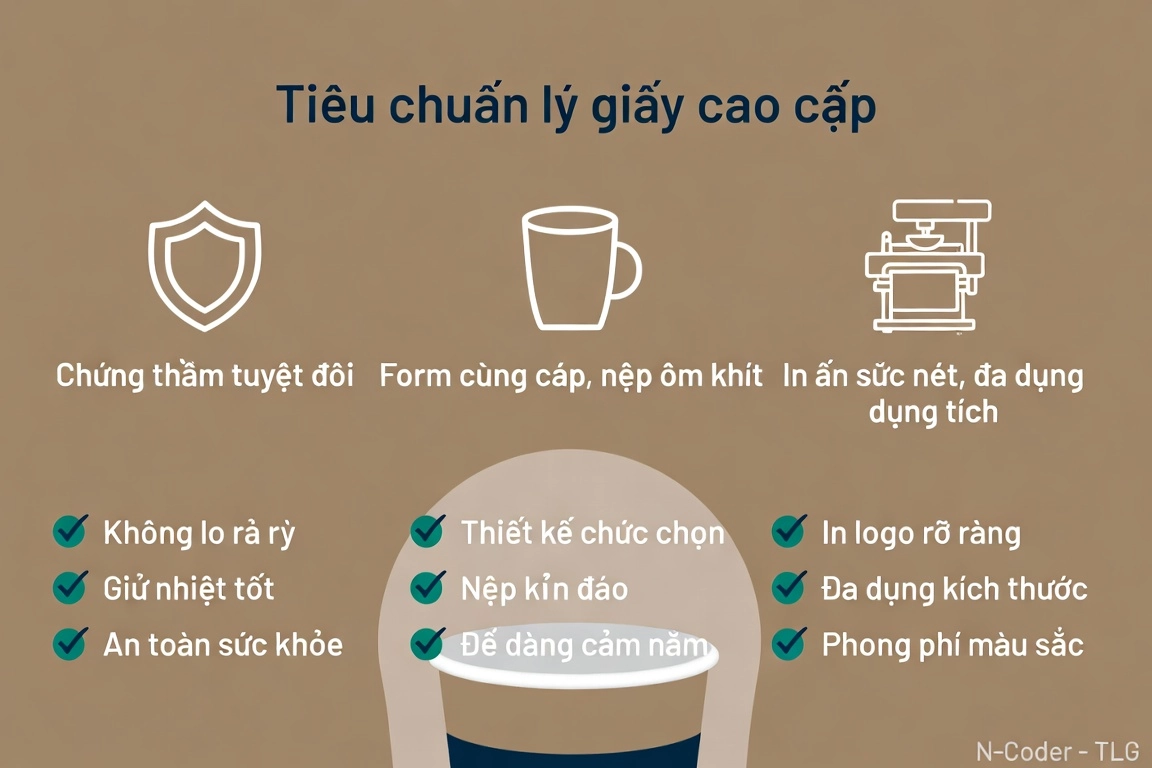 Criteria matrix infographic titled "Tiêu chuẩn ly giấy cao cấp"; ALL text inside the image must be in Vietnamese. Three columns labeled "Chống thấm tuyệt đối", "Form cứng cáp, nắp ôm khít", and "In ấn sắc nét, đa dạng dung tích" with matching icons and short check-list lines. Clean vector infographic centered on a cross-section paper cup diagram. Palette: kraft brown, white, emerald green, navy; mood is premium, credible, and quality-focused. Include a small watermark "N-Coder - TLG" in the bottom right corner.