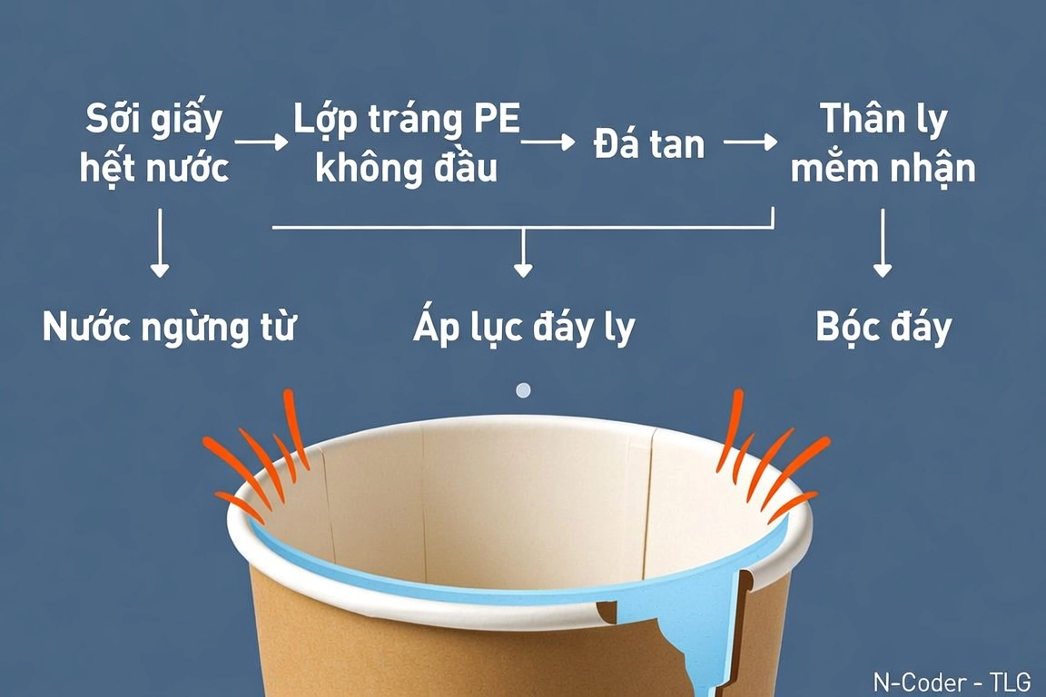 Cause-effect flowchart explaining paper cup failure; ALL text inside the image must be in Vietnamese. Steps: "Sợi giấy hút nước", "Lớp tráng PE không đều", "Đá tan", "Nước ngưng tụ", and "Áp lực đáy ly" converge to "Thân ly mềm nhũn" and "Bục đáy". Technical flat illustration with moisture blue highlights and orange stress markers on the cup seam. Palette: cool blue, white, kraft brown, orange accent; mood is educational and diagnostic. Include a small watermark "N-Coder - TLG" in the bottom right corner.