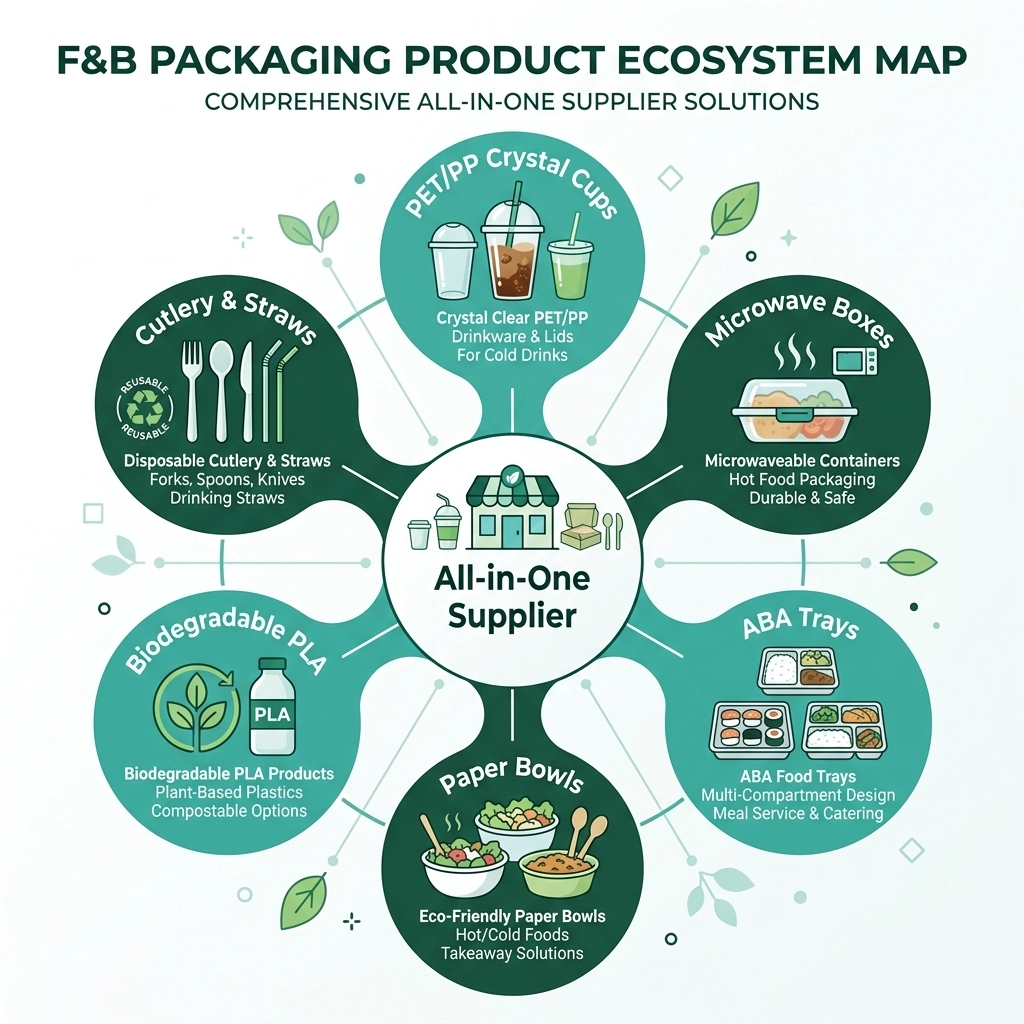 F&B packaging product ecosystem map, radial spoke diagram with center node labeled 'All-in-One Supplier' branching to six labeled categories: 'PET/PP Crystal Cups', 'Microwave Boxes', 'ABA Trays', 'Paper Bowls', 'Biodegradable PLA', 'Cutlery & Straws', flat vector infographic style, teal and forest green palette, organized and comprehensive mood.