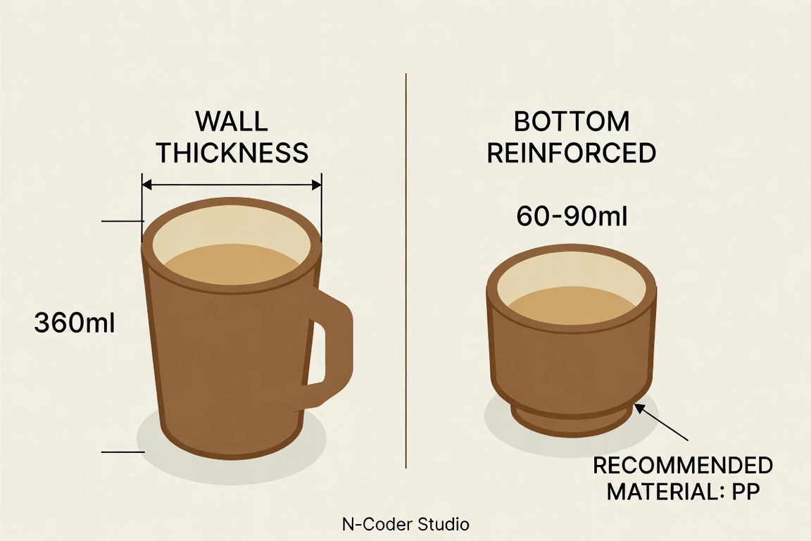 Split infographic contrasting a 360ml coffee cup and a 60-90ml espresso cup, illustrating wall thickness, bottom reinforcement, and recommended material PP, English labels, minimalist isometric illustration, coffee brown and cream palette, practical professional mood, footer text 'N-Coder Studio'