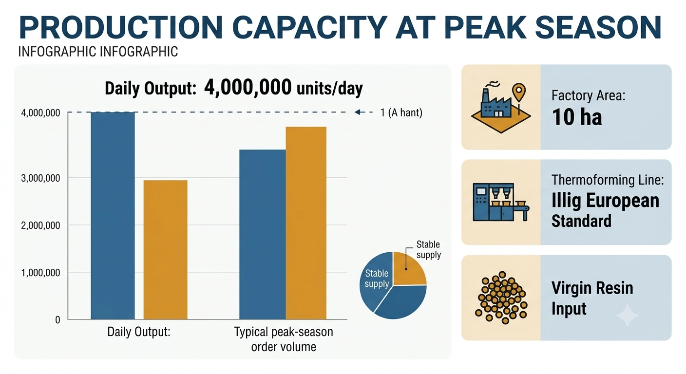 An infographic capacity dashboard titled 'PRODUCTION CAPACITY AT PEAK SEASON' featuring a large bar chart comparing 'Daily Output: 4,000,000 units/day' against typical peak-season order volume, plus three side panels labeled 'Factory Area: 10 ha', 'Thermoforming Line: Illig European Standard' and 'Virgin Resin Input'. Flat vector infographic style with simple industrial icons and a small pie chart showing supply stability. Industrial blue and amber palette, confident and reliable mood.