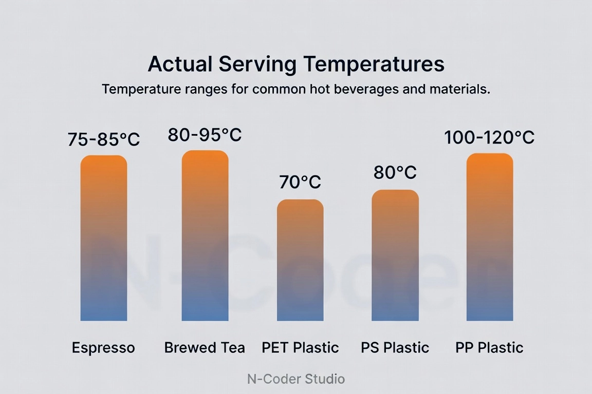 Bar chart comparing actual serving temperatures: espresso at 75–85°C, brewed tea at 80–95°C, and heat deformation thresholds of common plastics PET 70°C, PS 80°C, PP 100–120°C, English labels, clean flat vector infographic, blue-to-orange gradient palette, crisp data-focused mood, footer text 'N-Coder Studio'