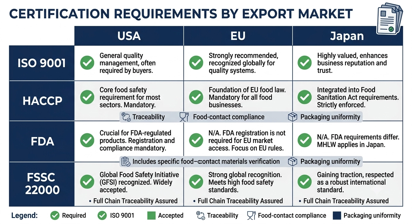 An infographic comparison matrix titled 'CERTIFICATION REQUIREMENTS BY EXPORT MARKET' with columns 'USA', 'EU' and 'Japan' and rows 'ISO 9001', 'HACCP', 'FDA', 'FSSC 22000', using green check marks and short English notes on traceability, food-contact compliance and packaging uniformity. Clean grid layout with a legend strip at the bottom and a small document icon set in the corner. Navy blue and white palette with green accents, professional compliance-audit mood.