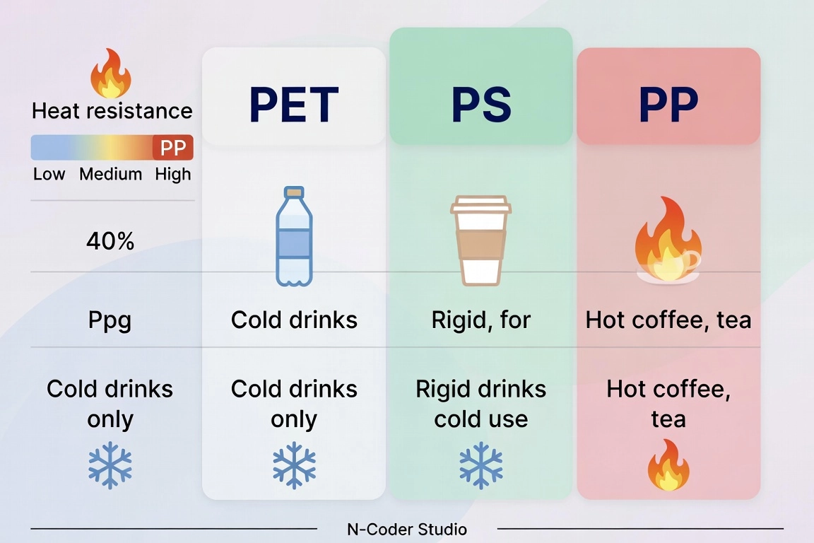 Comparison table or matrix showing three plastic types: PET for cold drinks, PS for rigid cold cups, PP for hot coffee and tea, with heat resistance and usage recommendations, English labels, simple flat infographic style, pastel colors with bold PP highlight, informative calm mood, footer text 'N-Coder Studio'