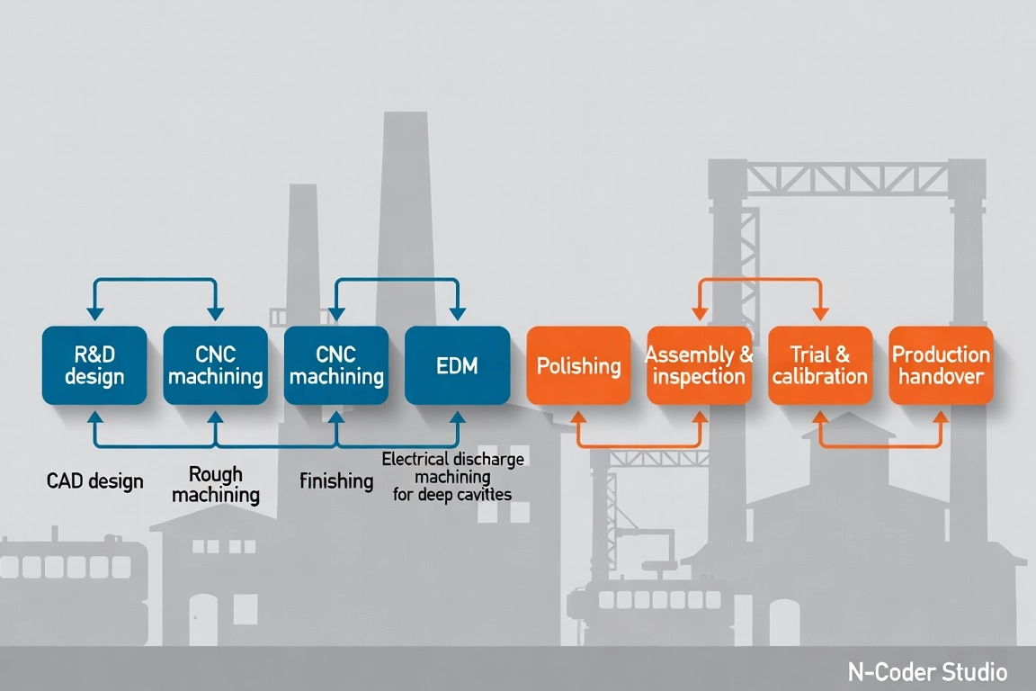 Horizontal process flowchart of mold manufacturing: CAD design, CNC rough machining, CNC finishing, EDM for deep cavities, polishing, assembly, CMM inspection, trial run, production handover, English labels on each node "R&D design", "CNC machining", "EDM", "Assembly & inspection", "Trial & calibration", flat vector infographic with factory silhouettes, blue and orange palette, professional engineering brochure mood, footer text "N-Coder Studio"