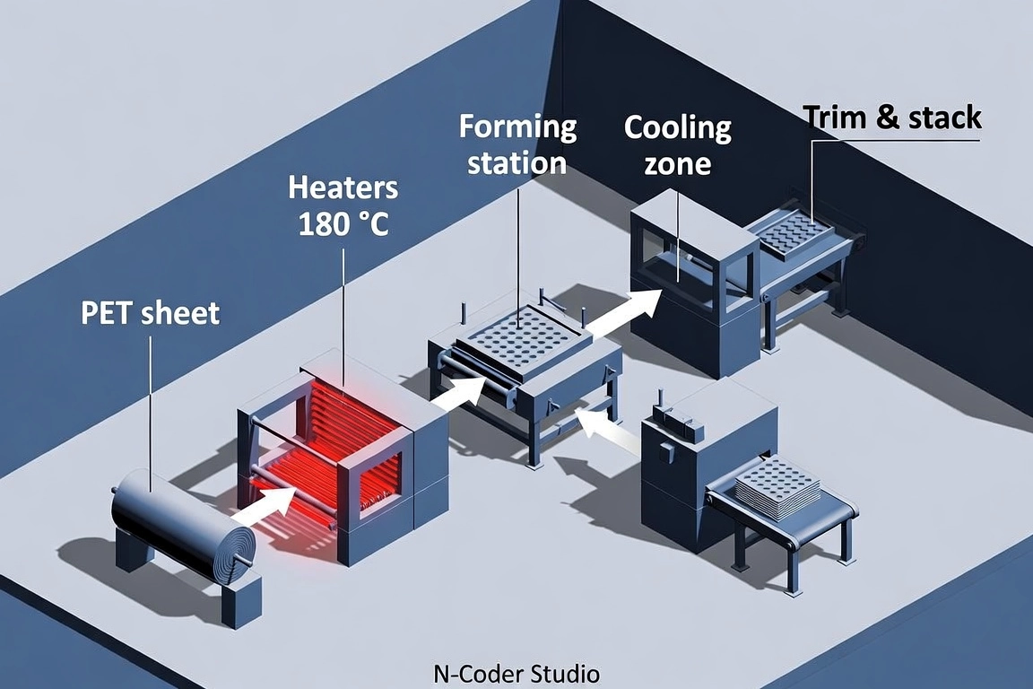 Diagram of an automated thermoforming line showing five stations with arrows: material roll feeding, infrared heating, vacuum forming with mold, cooling, in-die cutting and stacking, English labels "PET sheet", "Heaters 180°C", "Forming station", "Cooling zone", "Trim & stack", isometric cutaway technical illustration, cool tones with red heating zones, precise engineering documentation mood, footer text "N-Coder Studio"