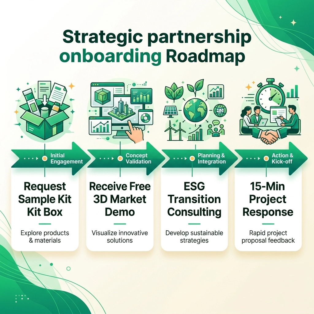 Strategic partnership onboarding roadmap, four-step horizontal flowchart with English step labels: 'Request Sample Kit Box', 'Receive Free 3D Market Demo', 'ESG Transition Consulting', '15-Min Project Response', connected by arrows with timeline indicators, clean flat design style, emerald green and warm white palette, welcoming and action-oriented mood.