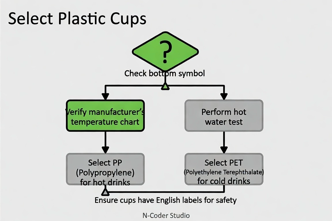 Decision tree flowchart for choosing heat-resistant plastic cups: check bottom symbol, verify manufacturer temperature chart, perform hot water test, select PP for hot drinks, English labels, clean line-art infographic, green and gray palette, safety-oriented instructional mood, footer text 'N-Coder Studio'