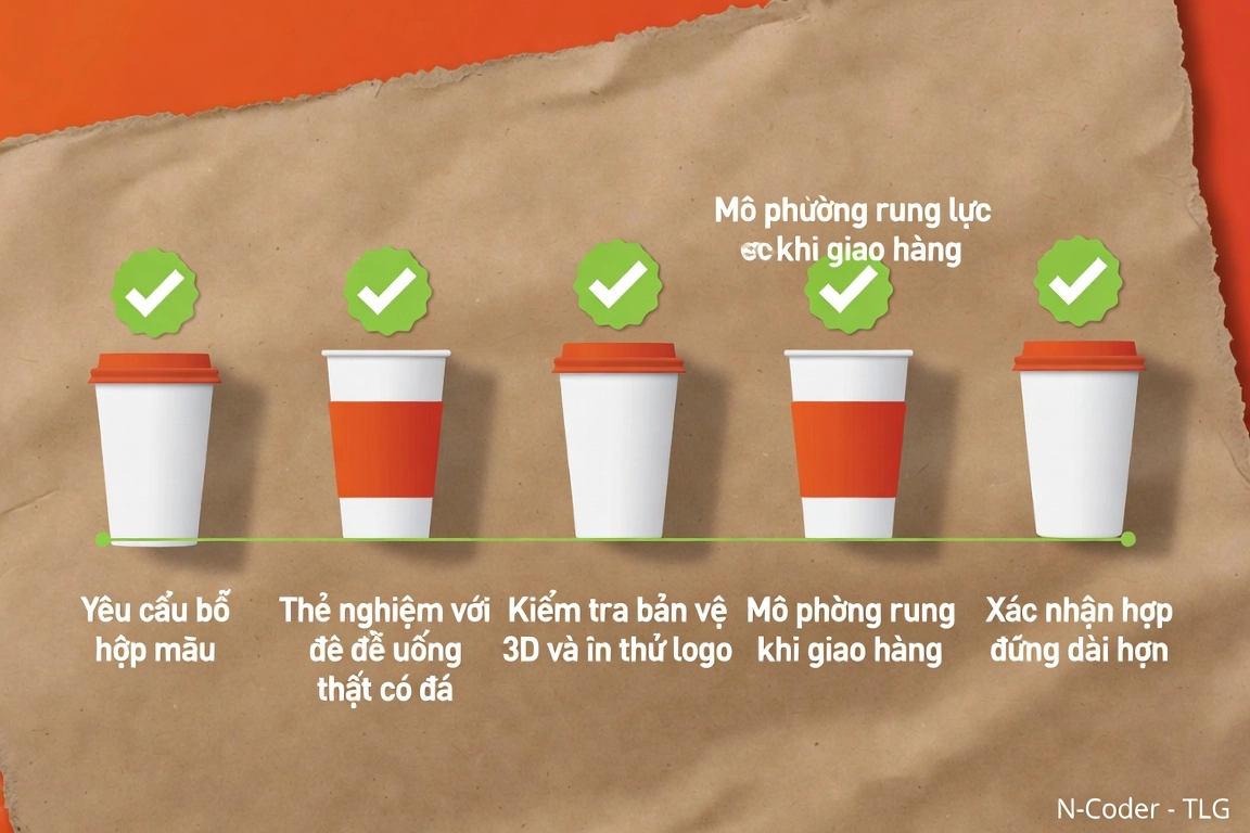 Timeline infographic for paper cup pre-order validation with five checkpoints; ALL text inside the image must be in Vietnamese: "Yêu cầu bộ hộp mẫu", "Thử nghiệm với đồ uống thật có đá", "Kiểm tra bản vẽ 3D và in thử logo", "Mô phỏng rung lắc khi giao hàng", and "Xác nhận hợp đồng dài hạn". Modern flat infographic using product mockup visuals and green checkmark badges along a horizontal timeline. Palette: warm kraft, white, red-orange accent, green success; mood is practical, confident, and risk-averse. Include a small watermark "N-Coder - TLG" in the bottom right corner.