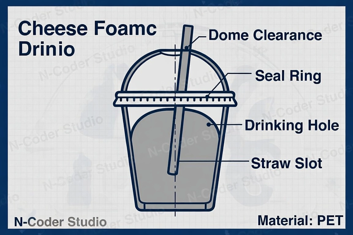 Annotated cross-section diagram of a plastic cup with dome lid, showing technical standards for cheese foam drinks. Technical blueprint style, English labels: 'Dome Clearance', 'Seal Ring', 'Drinking Hole', 'Straw Slot', 'Material: PET'. Branding note: 'N-Coder Studio' as a VERY SMALL, subtle watermark in the corner only — never in the center of the diagram. Blue and white palette with gray accents, precise professional mood.
