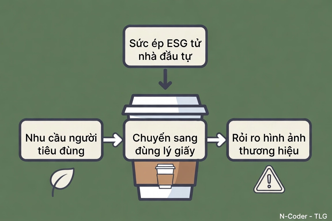 Flowchart infographic explaining why F&B brands choose paper cups; ALL text inside the image must be in Vietnamese. Label boxes: "Sức ép ESG từ nhà đầu tư", "Nhu cầu người tiêu dùng", "Chuyển sang dùng ly giấy", and "Rủi ro hình ảnh thương hiệu" connected by arrows with icons of leaf, cup, and warning sign. Flat modern infographic style, with a hero paper cup graphic at the center. Palette of forest green, cream, charcoal gray; mood is informative and strategic. Include a small watermark "N-Coder - TLG" in the bottom right corner.