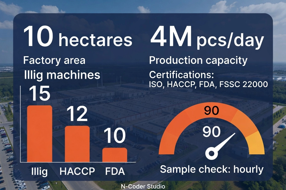 Statistical infographic overlay on factory aerial view showing key numbers: factory area 10 ha, 4 million products/day, Illig machines, ISO-HACCP-FDA-FSSC 22000 certifications, layered data visualization with bar chart and gauge chart, English labels "10 hectares", "4M pcs/day", "Certifications", "Sample check: hourly", flat graphic style, navy, white and orange corporate palette, trustworthy industrial mood, footer text "N-Coder Studio"