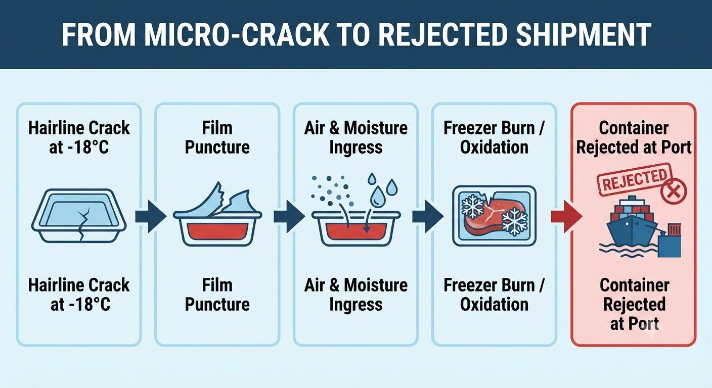 An infographic flowchart titled 'FROM MICRO-CRACK TO REJECTED SHIPMENT' showing five linked stages in a left-to-right chain: 'Hairline Crack at -18°C', 'Film Puncture', 'Air & Moisture Ingress', 'Freezer Burn / Oxidation', 'Container Rejected at Port'. Flat vector style with simple icons of a cracked tray, torn film, frost crystals and a cargo ship connected by directional arrows. Cold blue and warning red palette, serious analytical mood.