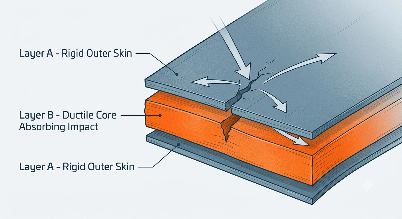 An infographic cross-section diagram of a thermoformed ABA multi-layer plastic tray wall, showing three stacked labeled layers: 'Layer A - Rigid Outer Skin', 'Layer B - Ductile Core Absorbing Impact', 'Layer A - Rigid Outer Skin', with arrows indicating impact force being deflected and a crack stopped inside the core. Technical cutaway illustration style with clean line work and visible material texture. Blue-grey palette with an orange highlight on the ductile core, precise engineering-diagram mood.