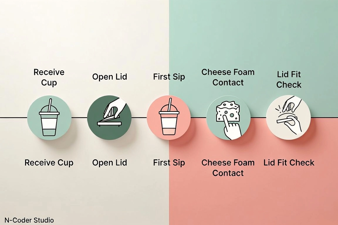 Customer journey timeline from receiving a cheese foam cup to first sip, highlighting the lid touchpoint. Clean flat infographic, English labels: 'Receive Cup', 'Open Lid', 'First Sip', 'Cheese Foam Contact', 'Lid Fit Check'. Branding note: 'N-Coder Studio' as a VERY SMALL, subtle watermark in the bottom or top corner only — never in the middle of the layout. Pastel cream, mint and coral palette, informative mood.
