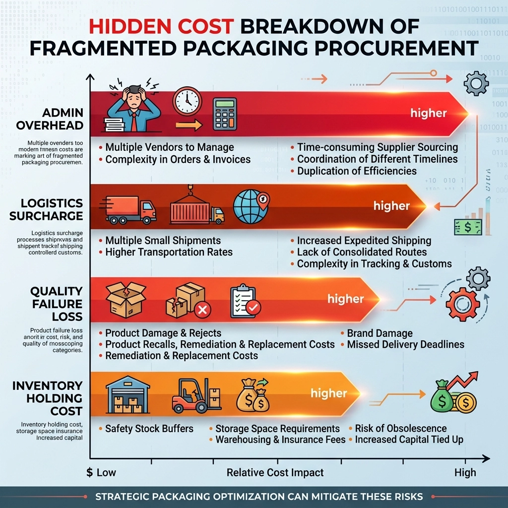 Hidden cost breakdown of fragmented packaging procurement, horizontal bar chart with English axis labels: 'Admin Overhead', 'Logistics Surcharge', 'Quality Failure Loss', 'Inventory Holding Cost', clean infographic style with icons per category, red-to-orange gradient palette highlighting cost pain points, urgent and analytical mood.