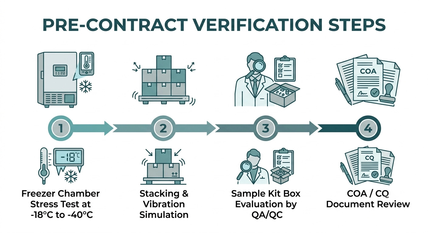 An infographic process timeline titled 'PRE-CONTRACT VERIFICATION STEPS' with four sequential numbered steps: 'Freezer Chamber Stress Test at -18°C to -40°C', 'Stacking & Vibration Simulation', 'Sample Kit Box Evaluation by QA/QC', 'COA / CQ Document Review'. Horizontal timeline with circular numbered markers, connecting arrows and minimal icons for each step. Teal and grey palette, practical checklist mood.