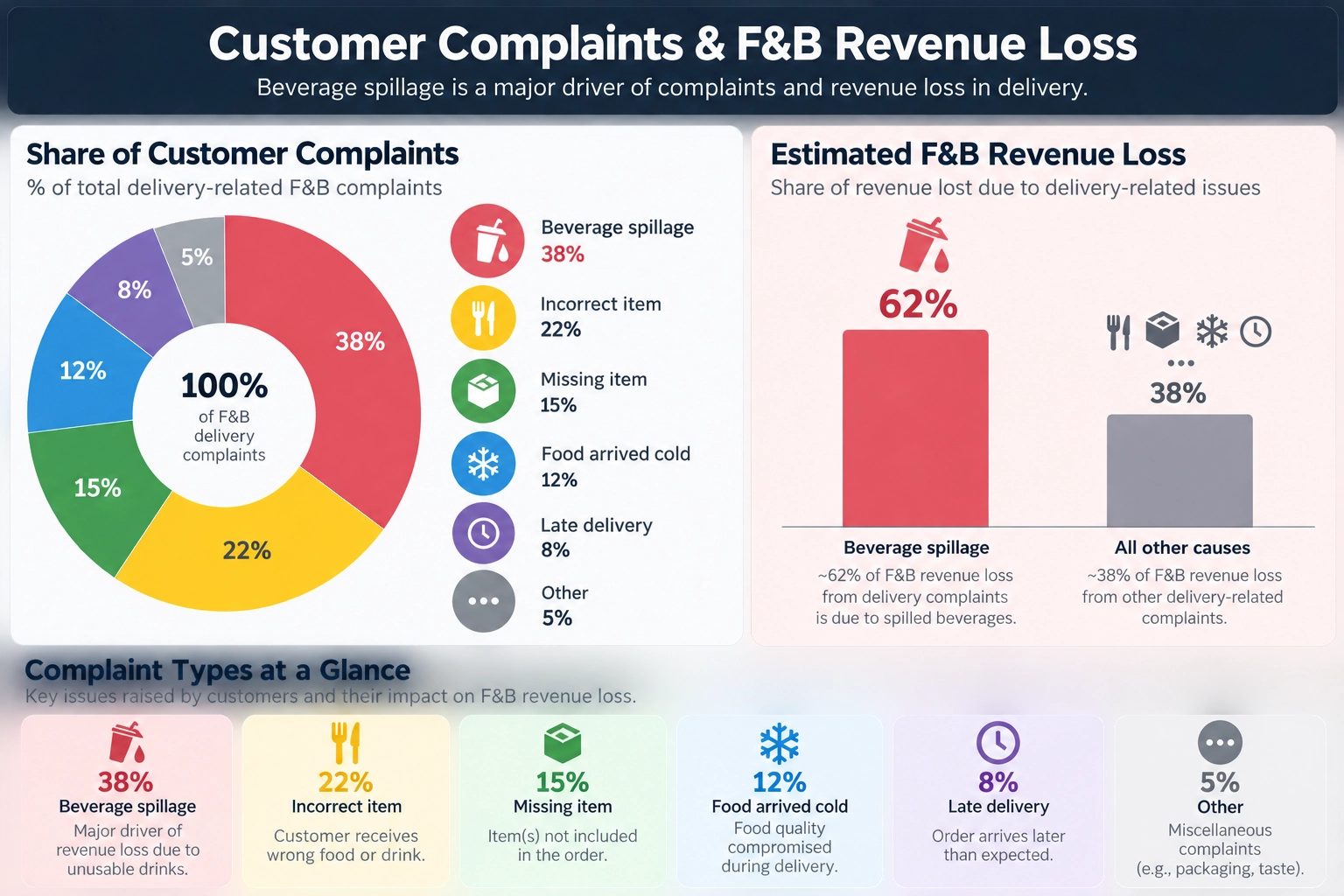 A comparison chart of customer complaint percentages, highlighting F&B revenue loss from beverage spillage during delivery vs. other causes, with icons representing complaint types.