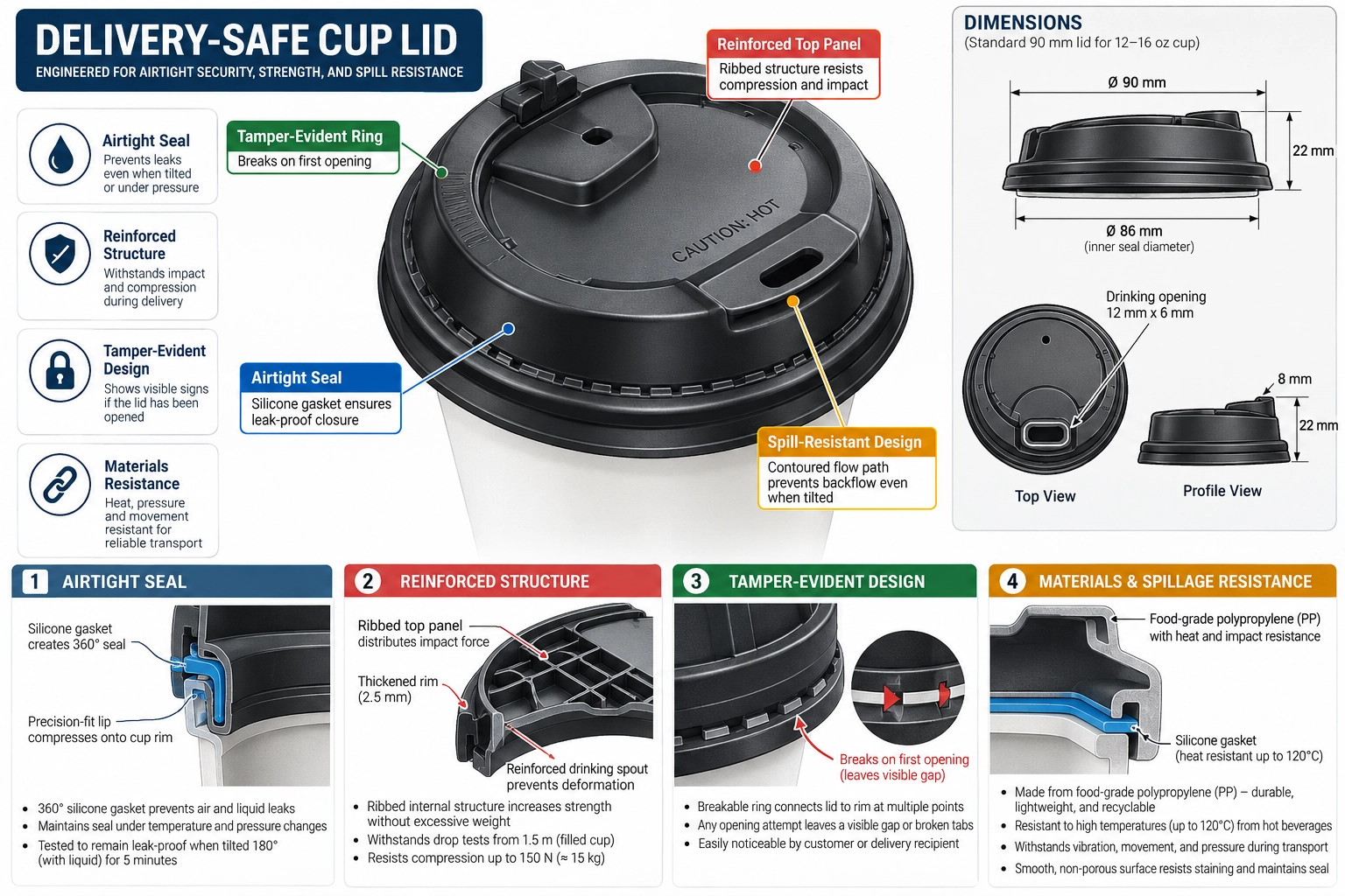 A detailed technical diagram illustrating key engineering features of a 'Delivery-Safe' cup lid: airtight seal, reinforced structure, tamper-evident design, materials resistance against spillage, with measurements.