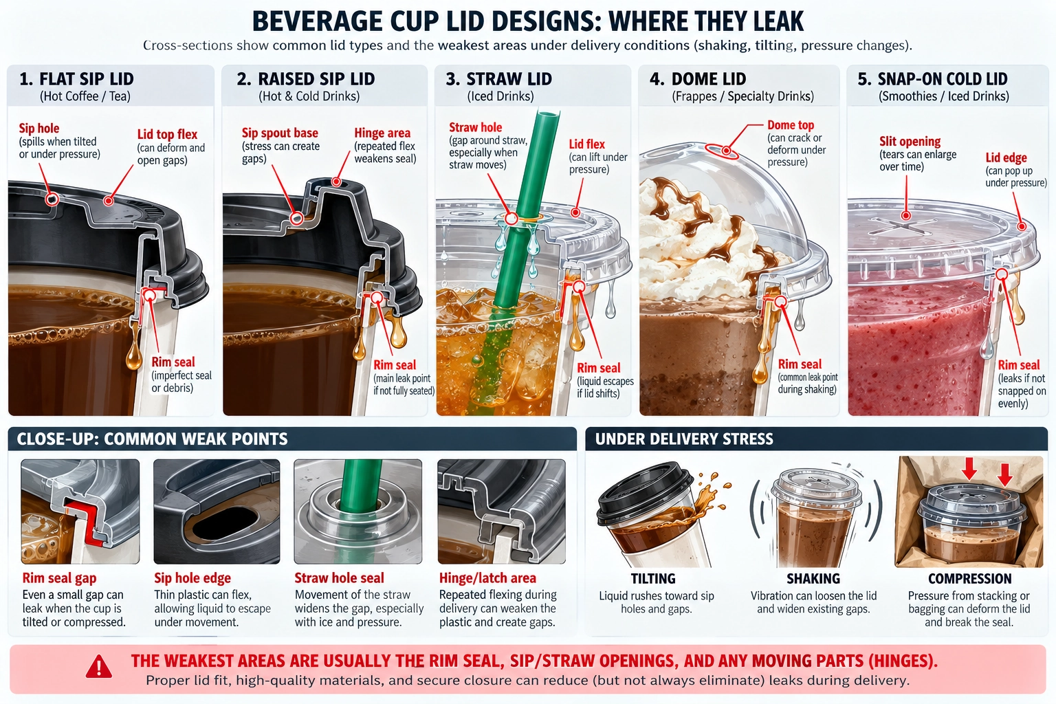A cross-section illustration of various beverage cup lid designs, showing potential leak points under stress during delivery, labels the weakest areas.